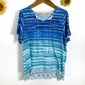 Casual Express Blue Tye Dye Floral Lace Tassel Blouse Size Large Women’s